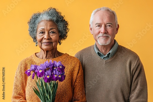 Joyful elderly couple stands together against vibrant yellow bac photo