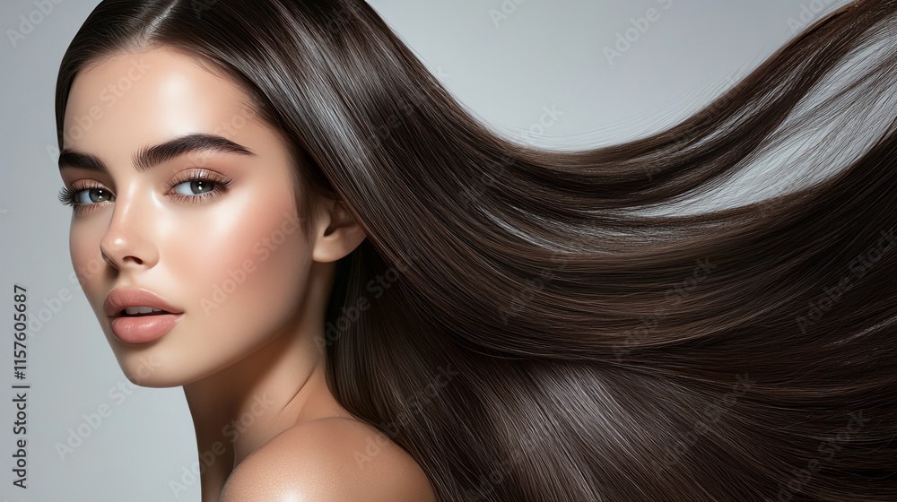 Fototapeta premium Natural beauty concept featuring a model with shiny, sleek hair and a confident expression, clean and fresh studio backdrop
