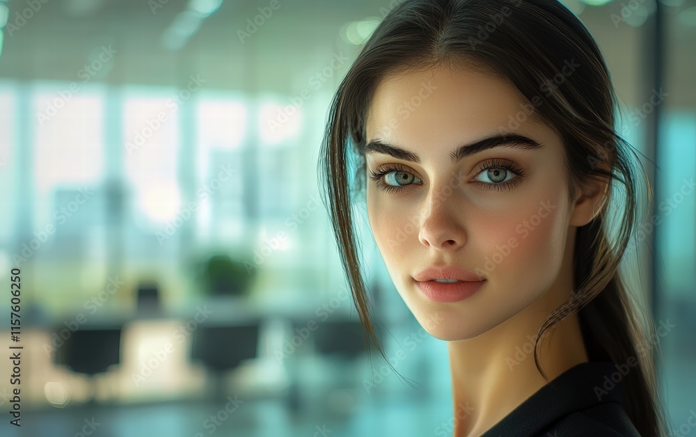 A close-up portrait of a confident business lady with sleek hair and subtle makeup, with a blurred modern conference room in the background A close-up portrait of a confident business lady with sleek hair and subtle makeup, with a blurred modern conference room in the background