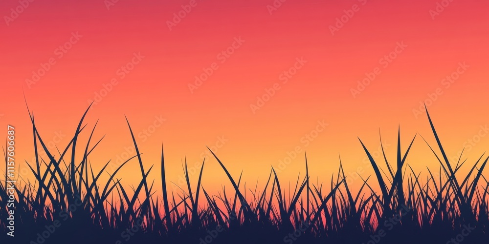 Obraz premium Vibrant sunset behind silhouetted grass blades underneath colorful sky