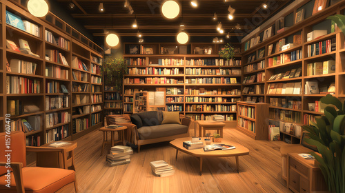 Cozy bookstore shopping, wooden shelves, soft lighting, quiet ambiance, warm bookish retail experience