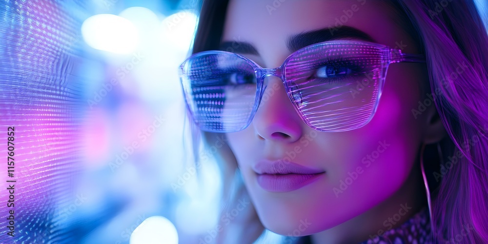 A close-up portrait of a person wearing stylish, reflective glasses, highlighted by colorful neon lights in the background. Concept Close-up Portrait, Stylish Reflective Glasses, Neon Lights A close-up portrait of a person wearing stylish, reflective glasses, highlighted by colorful neon lights in the background. Concept Close-up Portrait, Stylish Reflective Glasses, Neon Lights