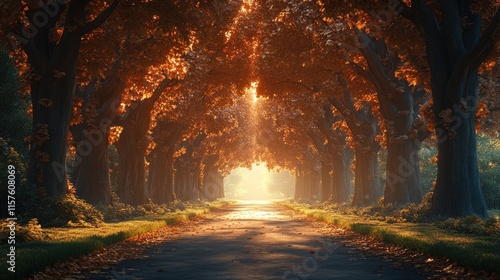 A serene pathway lined with autumn trees, illuminated by soft sunlight.