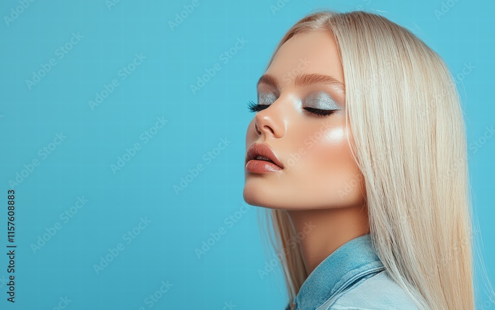 Naklejka premium Blonde woman with sleek straight hair and shimmering silver eyeshadow, on a pastel blue background