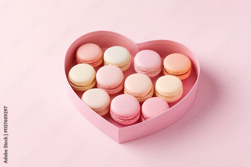 Delicate macaroons arranged in heart-shaped box, showcasing past Delicate macaroons arranged in heart-shaped box, showcasing past