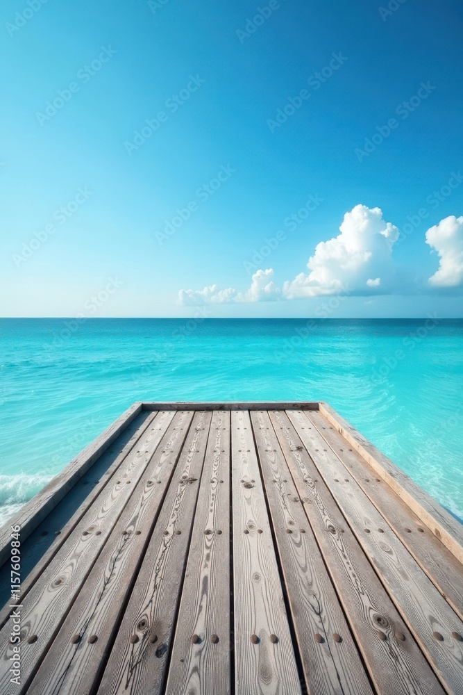 Obraz premium Gray weathered pier deck, blue ocean waves, summer sky , grey, wharf