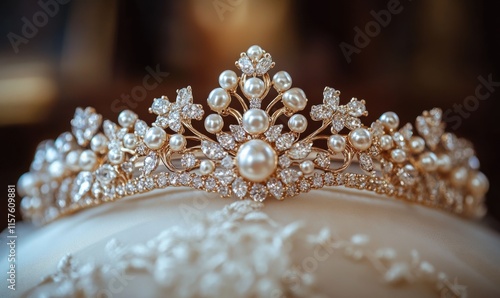 Elegant tiara adorned with pearls and gemstones on a satin surface