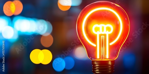 A glowing light bulb with a neon-like filament, surrounded by colorful blurred lights in the background. Concept Glowing Light Bulb, Neon Filament, Colorful Bokeh, Artistic Photography photo