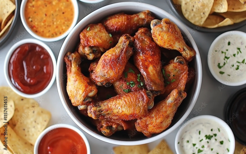 A bowl of spicy chicken wings surrounded by dipping sauces and chips, perfect for a game-day party spread A bowl of spicy chicken wings surrounded by dipping sauces and chips, perfect for a game-day party spread