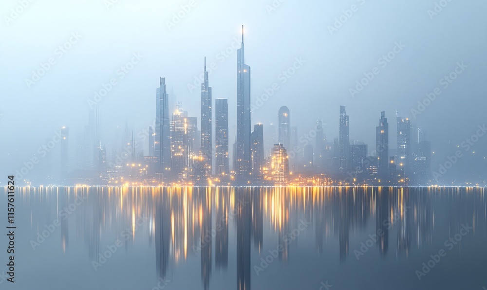 Futuristic city skyline reflected in calm water at dawn. Futuristic city skyline reflected in calm water at dawn.
