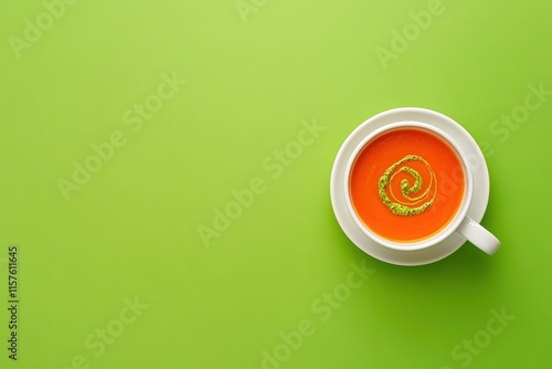 Bright orange soup in white cup, elegantly patterned with green photo