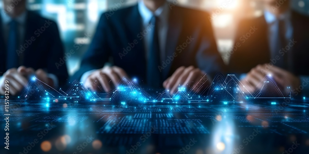 A digital interface with glowing data visualizations and business professionals in suits, suggesting a focus on technology and analytics. Concept Digital Interface Design A digital interface with glowing data visualizations and business professionals in suits, suggesting a focus on technology and analytics. Concept Digital Interface Design