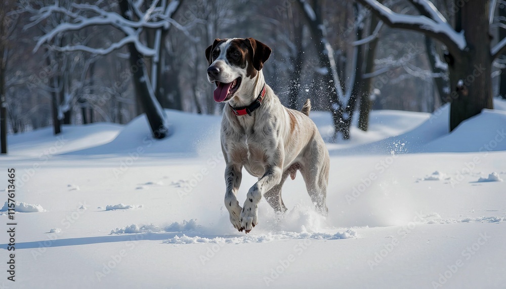 Happy Dog Playing and Running in Snow Covered Forest Winter Scene Happy Dog Playing and Running in Snow Covered Forest Winter Scene
