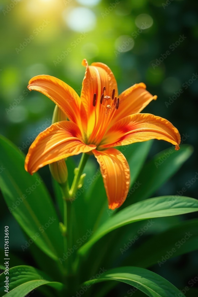 Vibrant orange lily, lush green leaves, sunlight , fresh, orange Vibrant orange lily, lush green leaves, sunlight , fresh, orange