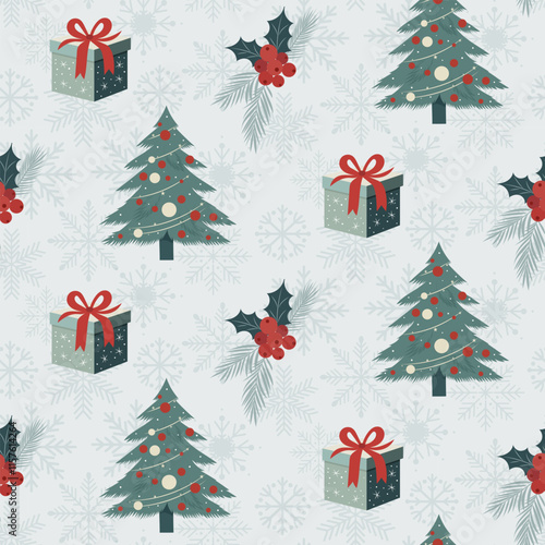 Christmas pattern with christmas tree, flowers, snowflakes, gifts on a light background. Seamless background perfect for use in textiles, wallpapers, and festive decorations.