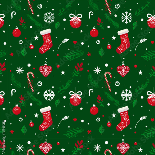 Christmas pattern with balls, sweets, snowflakes, socks on a green background. Seamless background perfect for use in textiles, wallpapers, and festive decorations.