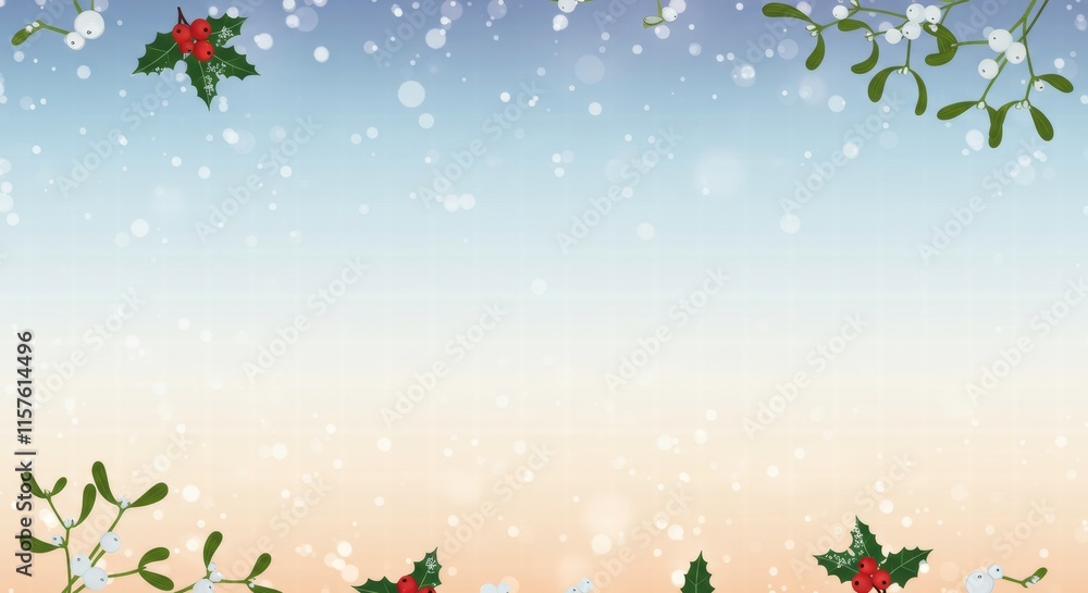 Winter Wonderland Background: A festive and delicate backdrop featuring sprigs of holly and mistletoe against a soft gradient of blue and peach, adorned with a gentle snowfall. Winter Wonderland Background: A festive and delicate backdrop featuring sprigs of holly and mistletoe against a soft gradient of blue and peach, adorned with a gentle snowfall.