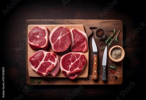 Raw prime steaks. Variety of fresh black angus prime meat steaks T-bone, New York, Ribeye, Striploin, Tomahawk cutting board on black or dark background. Set of various classic steaks. Top view. photo