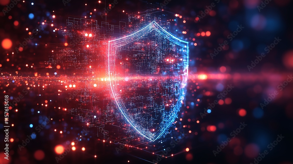 Fototapeta premium Shield representing cybersecurity surrounded by digital data streams