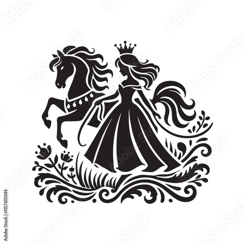 Black Color Princess with horse silhouette design Vector Illustration, Solid White Background 18.eps