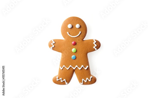 Gingerbread Man Cookie with Colorful Candy Buttons on White Background photo