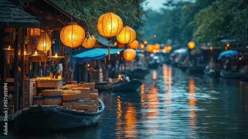 Wallpaper Mural A serene riverside market at dusk, illuminated by glowing lanterns and surrounded by nature. Torontodigital.ca