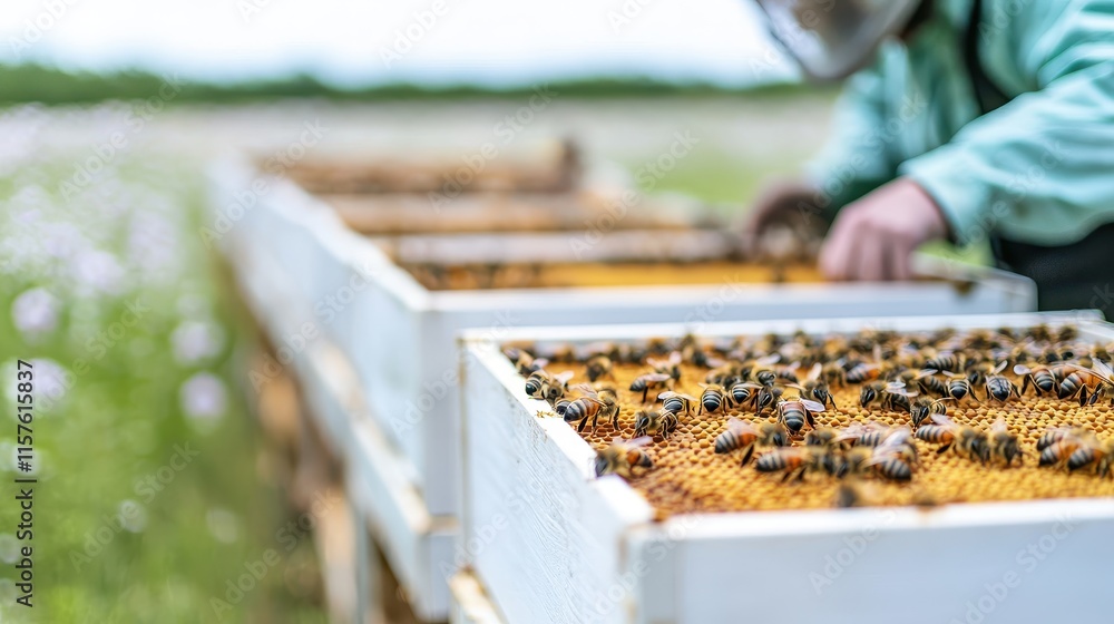 A beekeeper inspects hives filled with bees and honeycombs in a sunny field, emphasizing the importance of beekeeping and pollination. A beekeeper inspects hives filled with bees and honeycombs in a sunny field, emphasizing the importance of beekeeping and pollination.