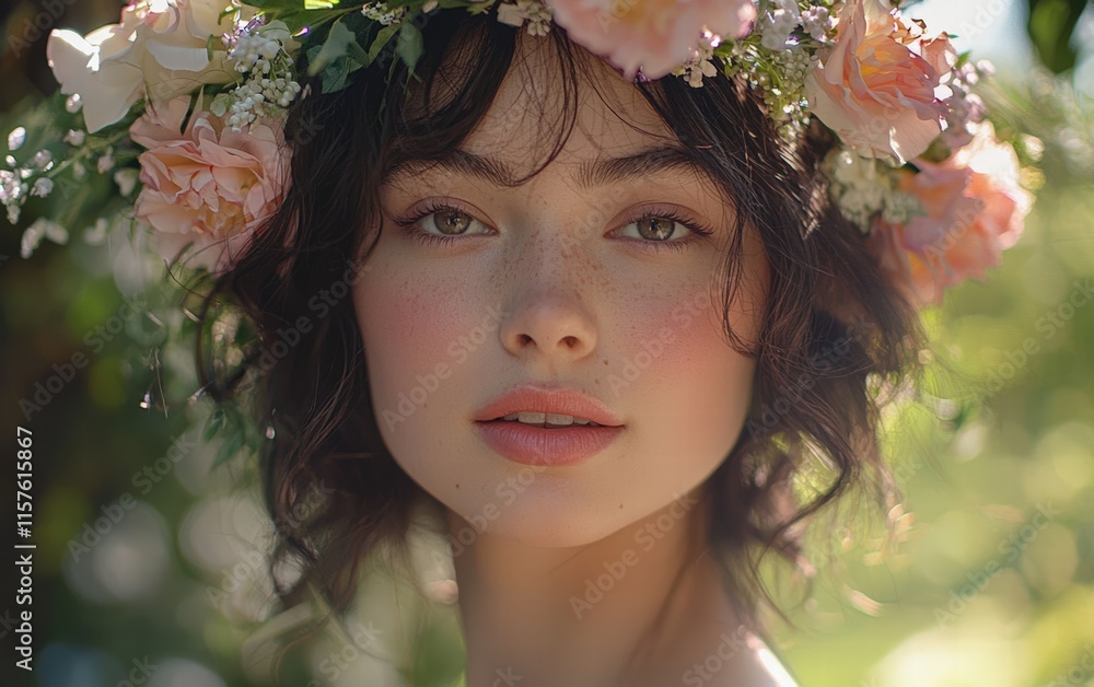 Naklejka premium A close-up portrait of a young woman with natural makeup, soft lighting, and a floral crown, set against a dreamy garden backdrop