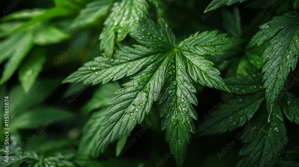 Close-up of vibrant green leaves, wet with dew drops, showcasing the intricate details of nature's botanical splendor. Close-up of vibrant green leaves, wet with dew drops, showcasing the intricate details of nature's botanical splendor.
