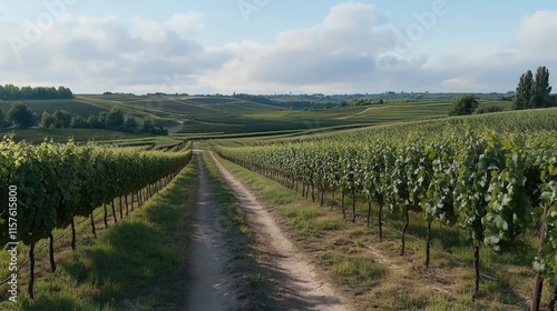 Green vineyards stretch across the landscape in Chablis, with sun rays breaking through leaves and a dirt path leading forward photo