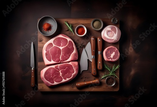 Raw prime steaks. Variety of fresh black angus prime meat steaks T-bone, New York, Ribeye, Striploin, Tomahawk cutting board on black or dark background. Set of various classic steaks. Top view. photo