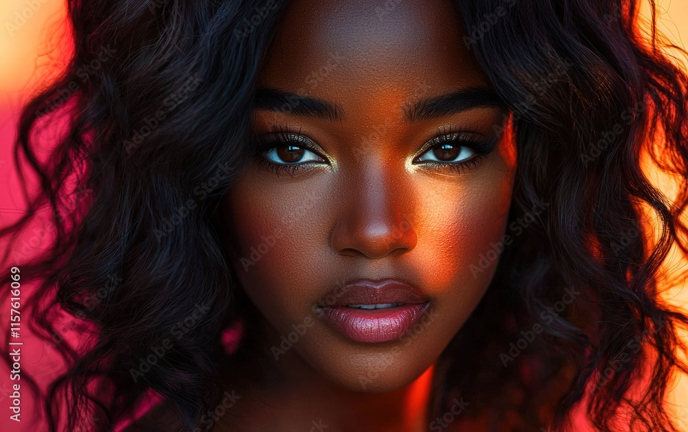 Fototapeta premium A detailed headshot of a woman with her hair styled in loose curls, her eyes reflecting light beautifully, and vibrant color grading
