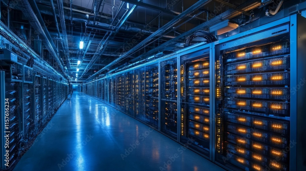 Fototapeta premium An advanced cryptocurrency mining facility powered by renewable energy sources, with digital displays showing carbon-neutral operations,