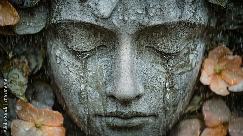Rain-soaked stone face with floral accents: melancholic beauty in nature Rain-soaked stone face with floral accents: melancholic beauty in nature