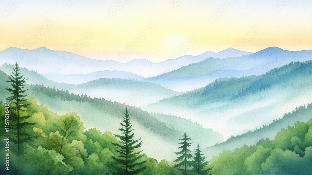 Fototapeta premium Serene Mountain Landscape with Lush Forests and Morning Mist at Sunrise
