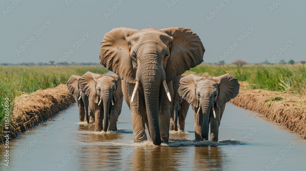 Fototapeta premium A family of elephants walks through shallow water, surrounded by lush green grasslands under a clear blue sky.