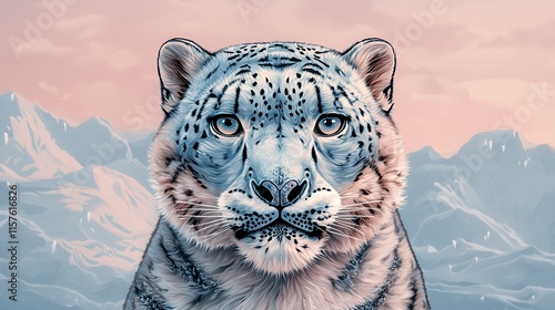 A majestic snow leopard gazes directly at the viewer, set against a serene mountainous backdrop with soft pastel hues. photo