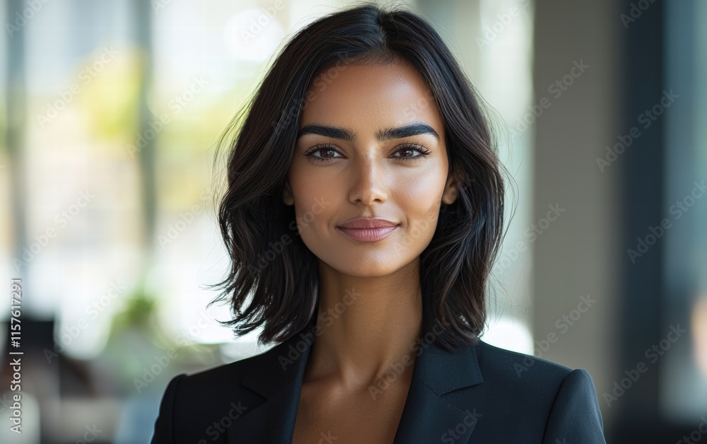 A professional portrait of a businesswoman with sharp features, wearing a tailored blazer, set against a softly blurred office background with clean lines A professional portrait of a businesswoman with sharp features, wearing a tailored blazer, set against a softly blurred office background with clean lines