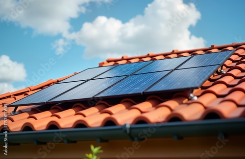 Solar panels installed on red tiled roof on sunny day with partly cloudy sky. Photovoltaic system generating clean energy. Residential home features eco-friendly technology. Modern house using photo