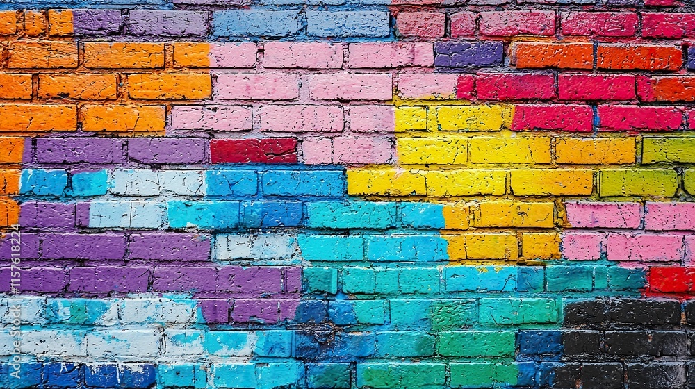 Fototapeta premium Colorful abstract mural on a brick wall showcasing vibrant artistic expression