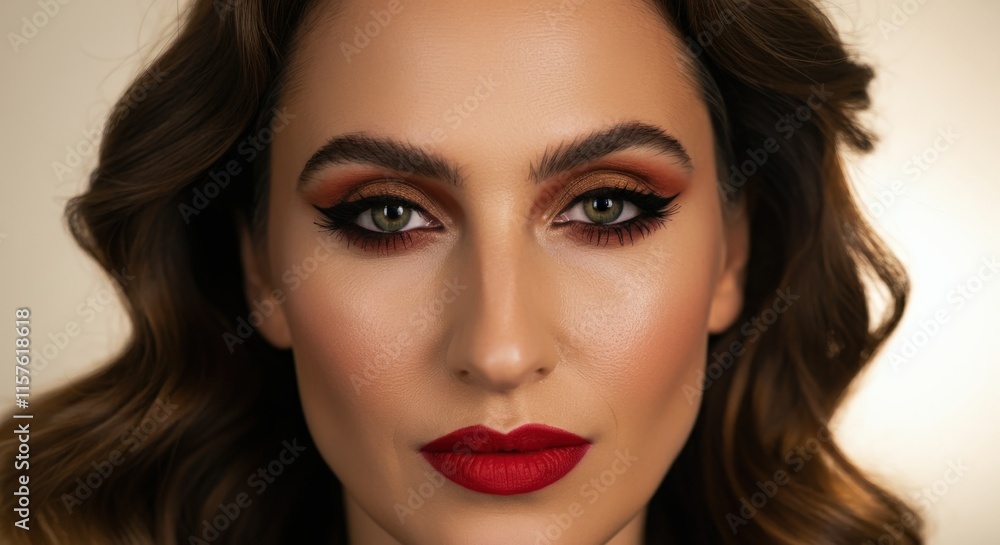Elegant beauty portrait of young caucasian female with bold makeup and wavy hair Elegant beauty portrait of young caucasian female with bold makeup and wavy hair