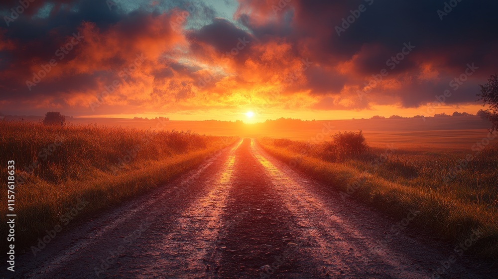 Countryside Dirt Road at Sunset with Dramatic Sky Countryside Dirt Road at Sunset with Dramatic Sky