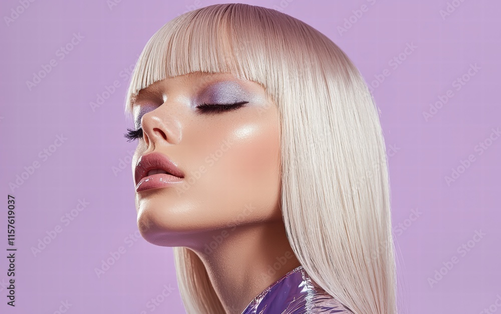 Blonde woman with sleek straight hair and shimmering silver eyeshadow, on a pastel lilac background Blonde woman with sleek straight hair and shimmering silver eyeshadow, on a pastel lilac background