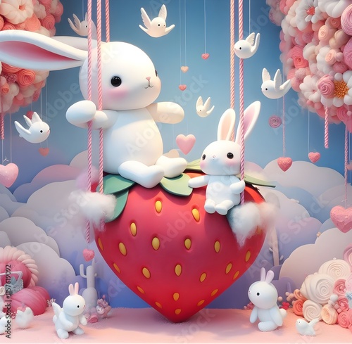 Día de San Valentín Dulces Conejitos en el Bosque de Fresas photo