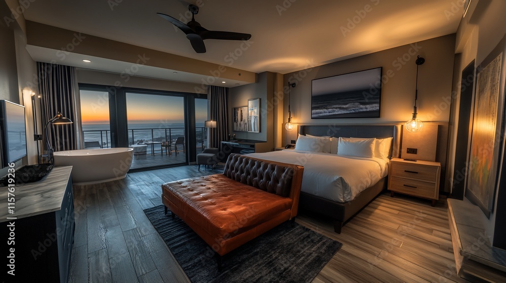 Luxurious hotel suite with ocean view at sunset. Luxurious hotel suite with ocean view at sunset.