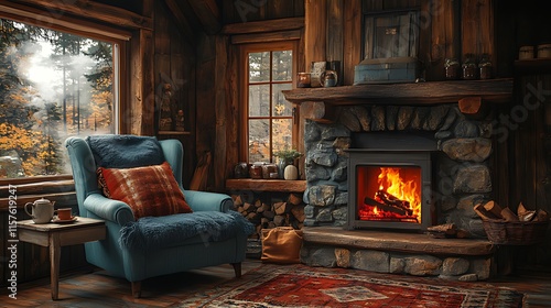 Cozy rustic cabin interior with fireplace, armchair, and forest view.