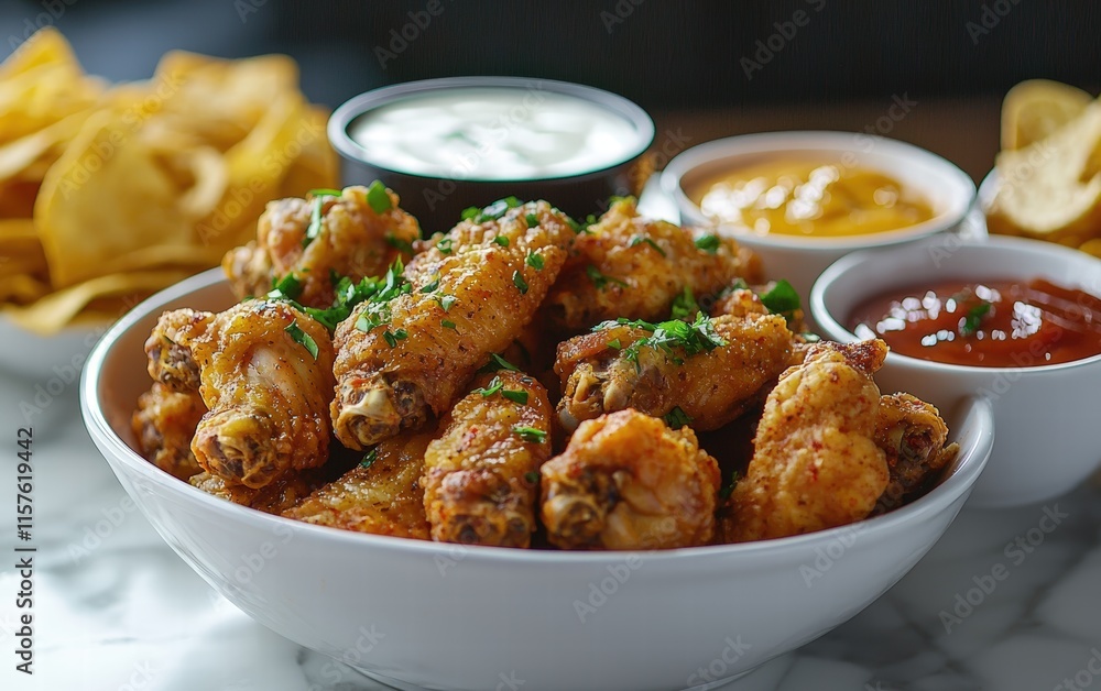 A bowl of spicy chicken wings surrounded by dipping sauces and chips, perfect for a game-day party spread A bowl of spicy chicken wings surrounded by dipping sauces and chips, perfect for a game-day party spread