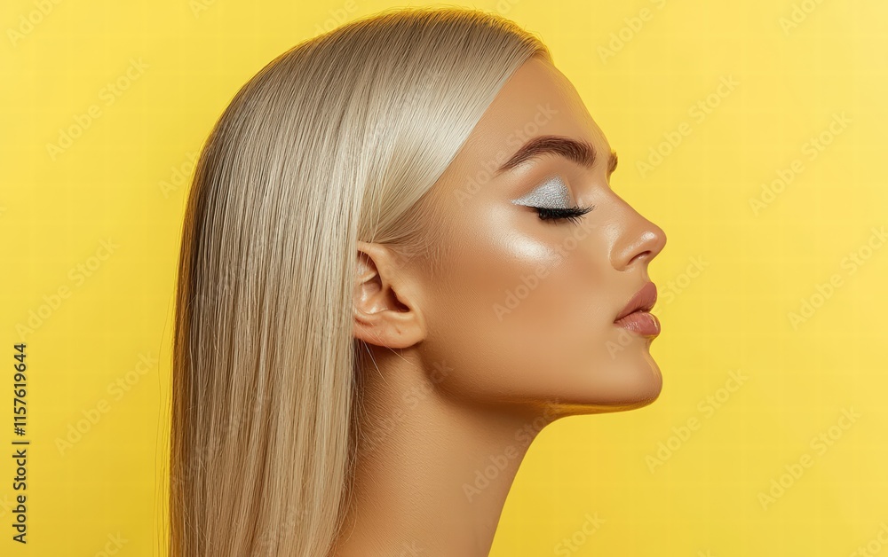 Naklejka premium Blonde woman with sleek straight hair and shimmering silver eyeshadow, on a pastel yellow background