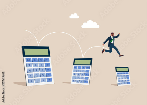 Reduced work, crisis. Businessman jumping from on smaller calculator. Risky situation or economic recession, crisis or bankruptcy. Vector illustration in flat style. 