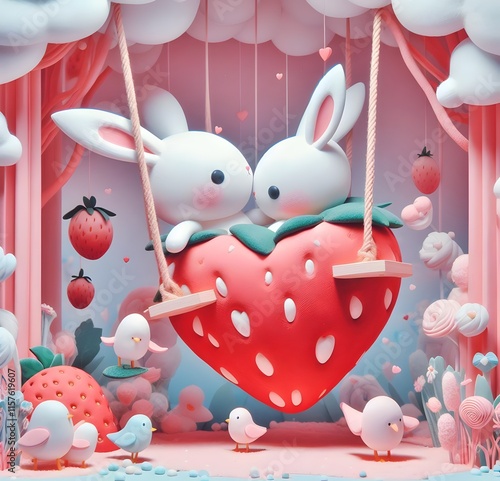 Día de San Valentín Dulces Conejitos en el Bosque de Fresas photo